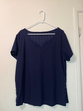 Navy Blue Eyelet Embroidered Lace-Up Side V-Neck Short Sleeve Blouse